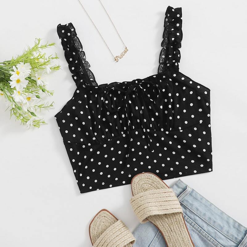 

Frill Straps Ruched Bust Polka Dot Crop Top, Black