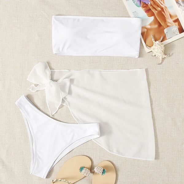 

3pack Bandeau Bikini Swimsuit With Beach Skirt, White