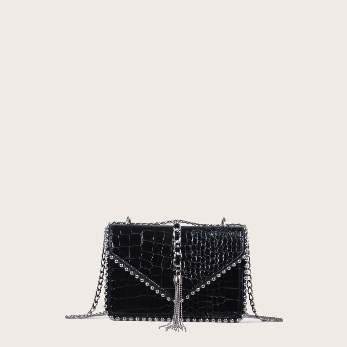 

Crocodile Tassel Decor Crossbody Bag, Black