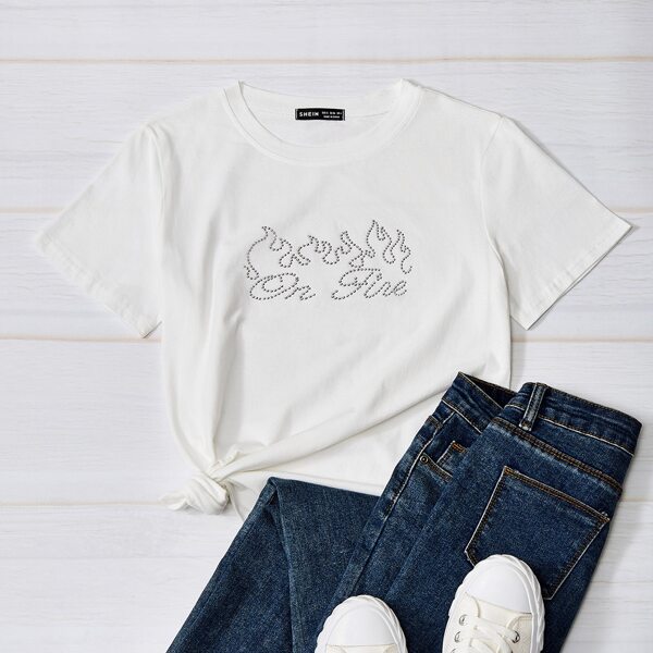 

Letter & Fire Rhinestone Tee, White