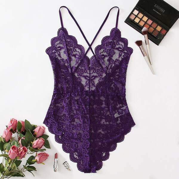 

Plus Floral Lace Scallop Trim Teddy Bodysuit, Purple