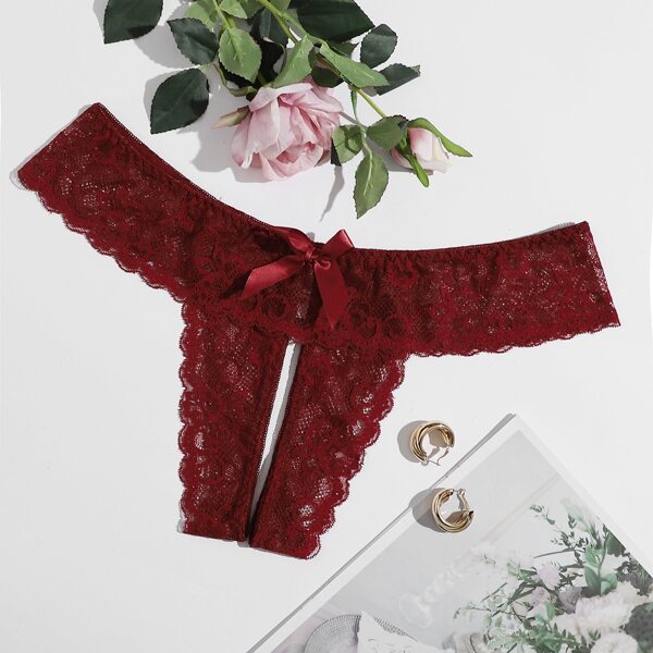 

Plus Floral Lace Crotchless Thong, Burgundy