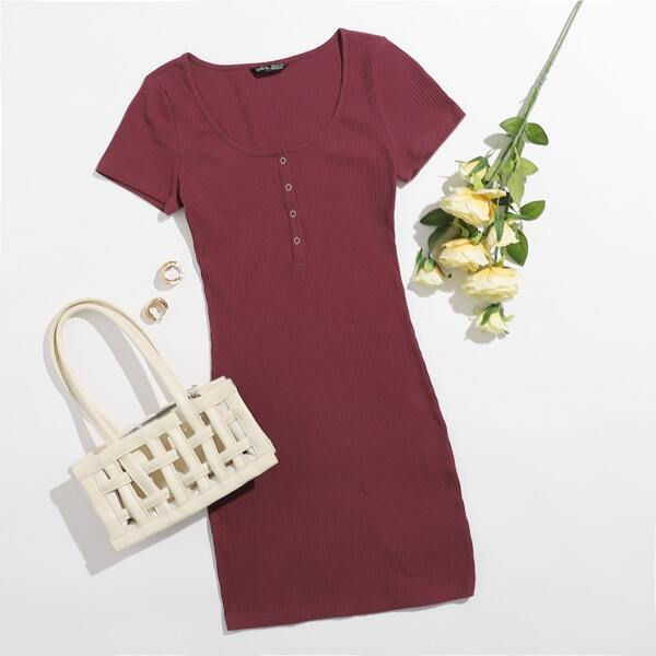 

Button Front Bodycon Dress, Maroon