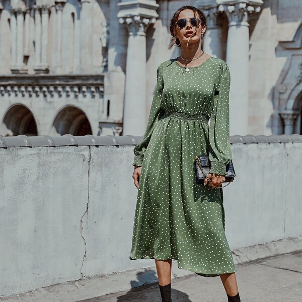 

Polka Dot Shirred Waist A-line Dress, Mint green