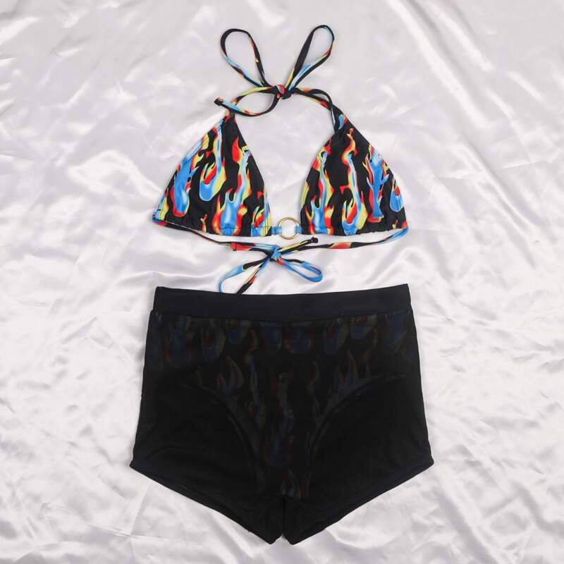 

Fire Print Triangle Halter Bikini Swimsuit, Black