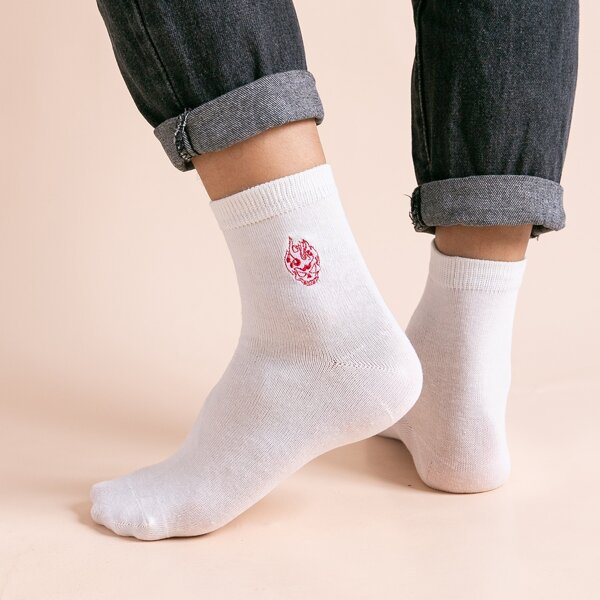 

Men Fire Embroidered Socks, White