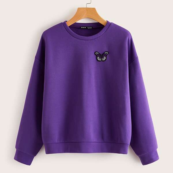 

Drop Shoulder Butterfly Patched Pullover, Violet purple