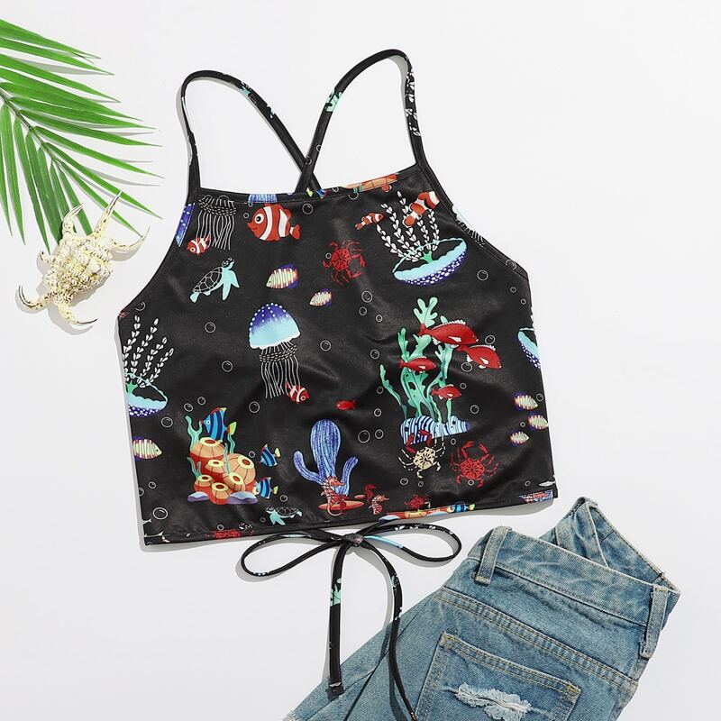 

Lace Up Back Animal Graphic Cami, Black