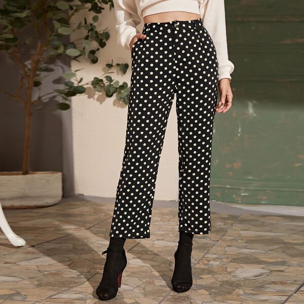 

Polka Dot Straight Leg Pants, Black