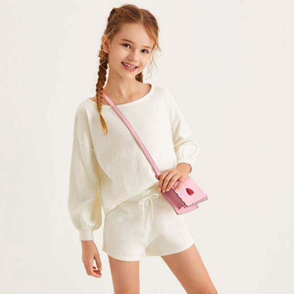 

Girls Drop Shoulder Solid Sweater & Shorts Set, Beige
