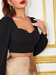 SHEIN Privé Sweetheart Neck Blouson Sleeve Crop Top - Black - View 4