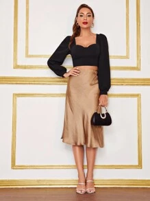 SHEIN Privé Sweetheart Neck Blouson Sleeve Crop Top - Black - View 5