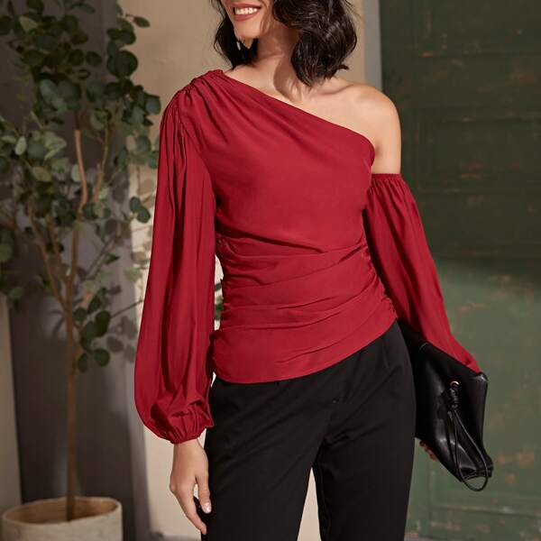 

Asymmetrical Neck Ruched Lantern Sleeve Top, Rose red