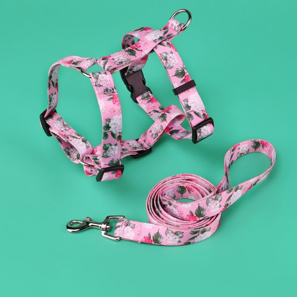 

1pc Flower Print Dog Harness & 1pc Dog Leash, Pink