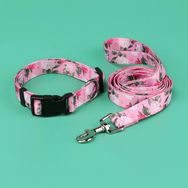 

1pc Flower Print Dog Collar & 1pc Dog Leash, Pink