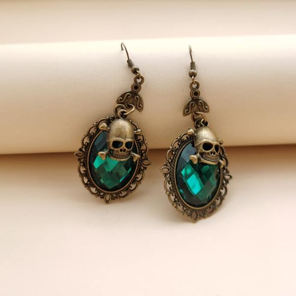 

Halloween Skull Charm Drop Earrings, Green