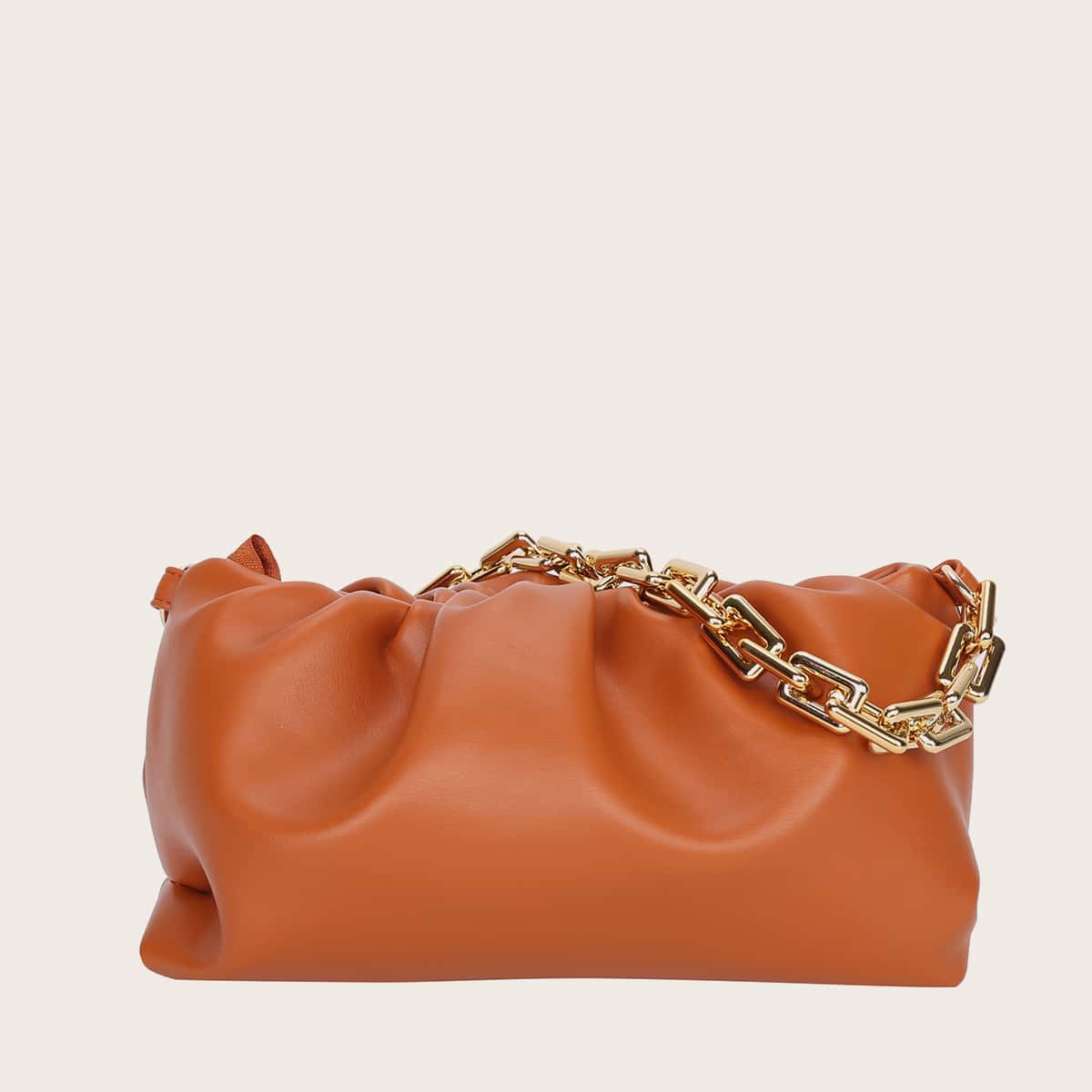 

Chain Handle Ruched Bag, Brown