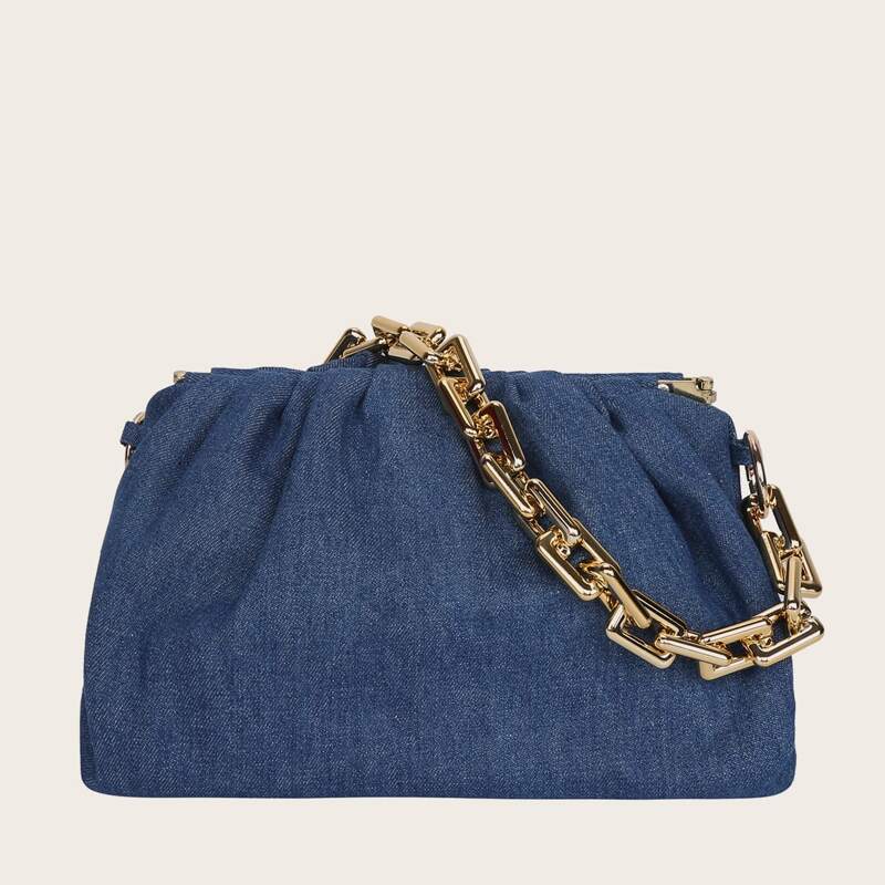 

Chain Handle Denim Ruched Bag, Navy blue