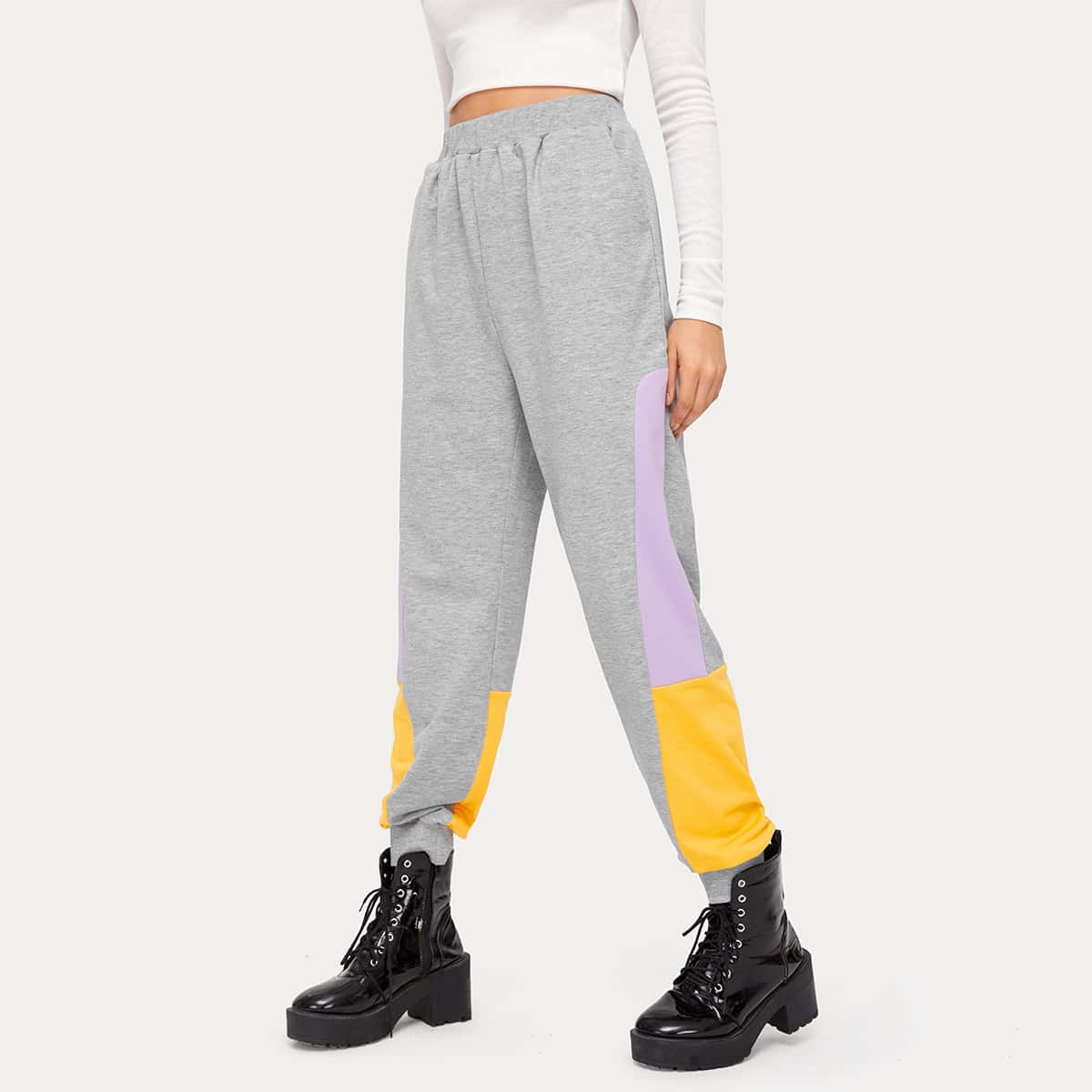 

Colorblock Elastic Waist Sweatpants, Light grey