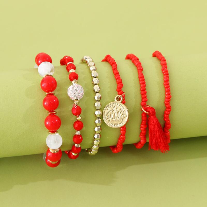 

6pcs Tassel Charm Beaded Bracelet, Red