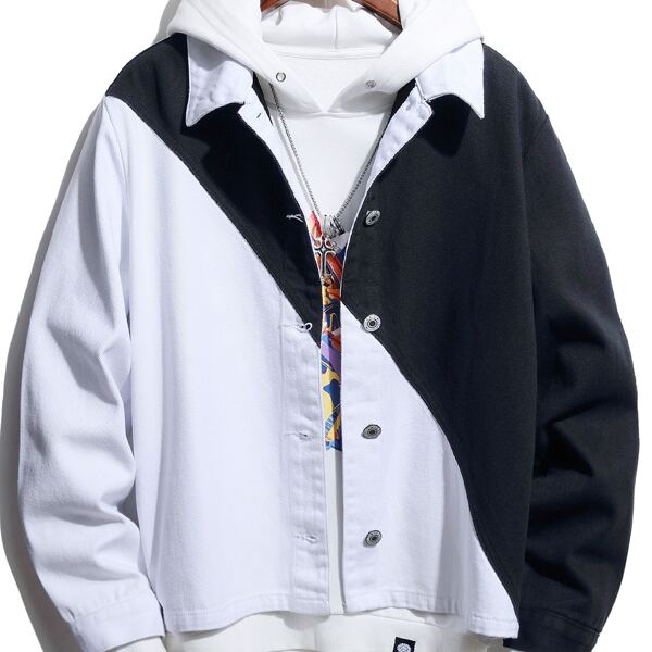 

Men Two Tone Denim Trucker Jacket Without Hoodie, Black and white