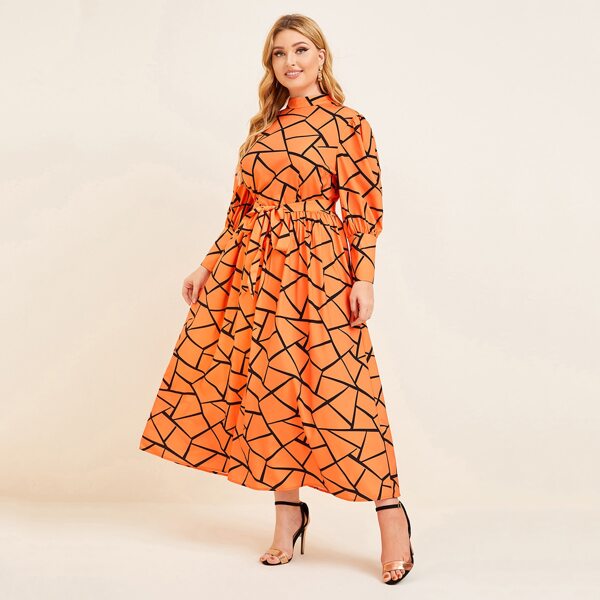 

Plus Geo Print Mock Neck Belted Dress, Orange