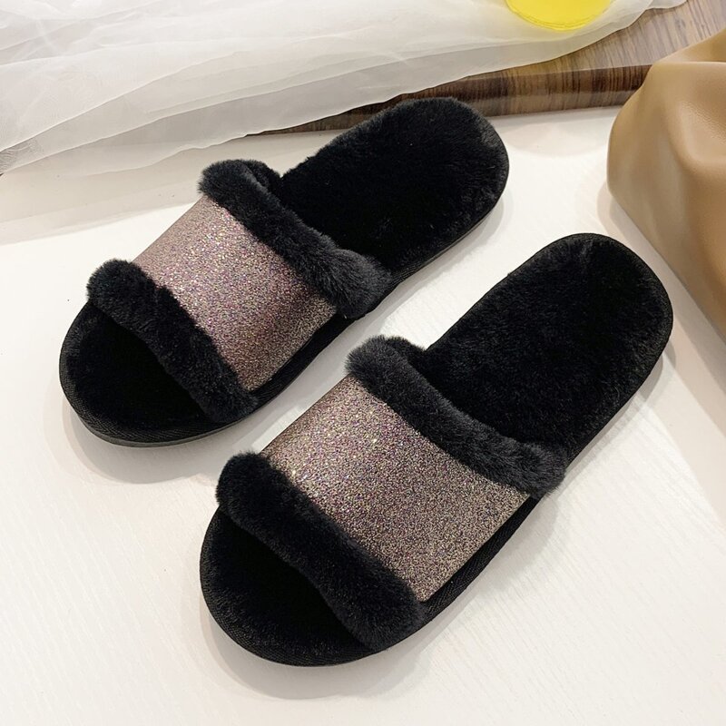 

Glitter Decoration Fluffy Slippers, Black