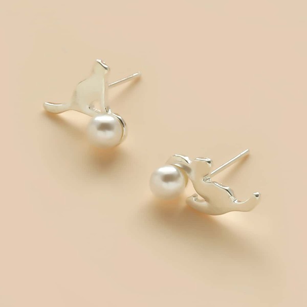 

Girls Faux Pearl Cat Stud Earrings, Silver