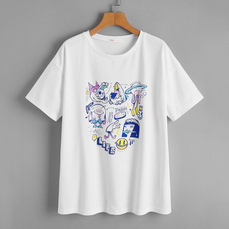 

Cartoon & Letter Graphic Tee, White