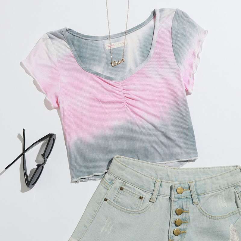 

Tie Dye Ruched Ribbed Tee, Multicolor