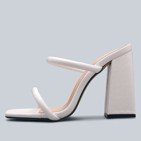 

Croc Embossed Thin Strap Chunky Heeled Mules, White