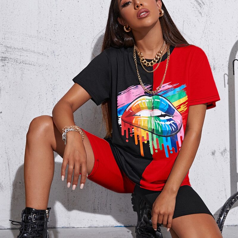 

Color Block Mouth Print Tee & Biker Shorts Set, Multicolor