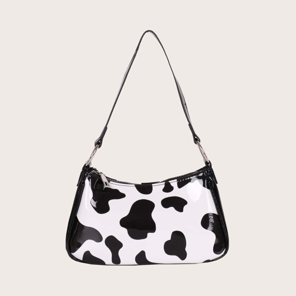 

Cow Print Baguette Bag, Black and white