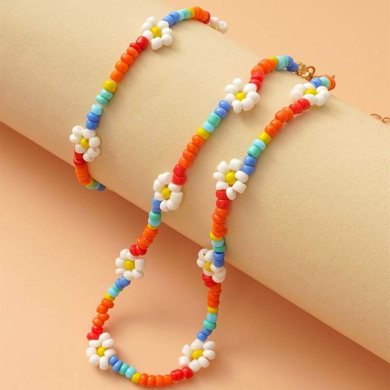 

1pc Flower Decor Beaded Necklace & 1pc Bracelet, Multicolor