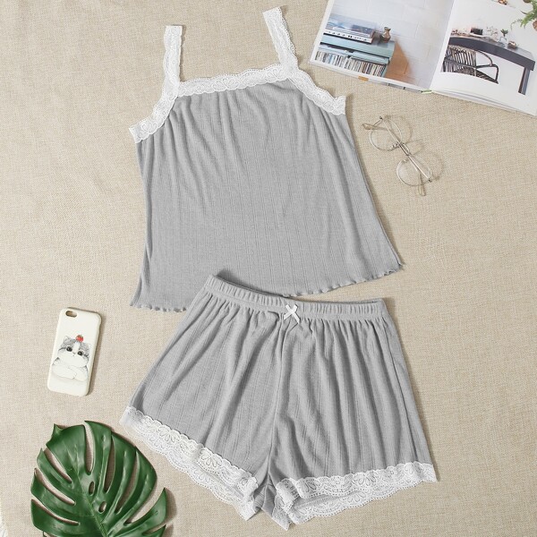 

Contrast Lace Trim Pajama Set, Grey