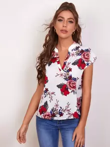 SHEIN Notched Neck Curved Hem Floral Print Top - White - View 1