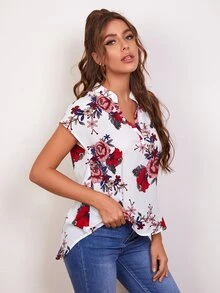 SHEIN Notched Neck Curved Hem Floral Print Top - White - View 3