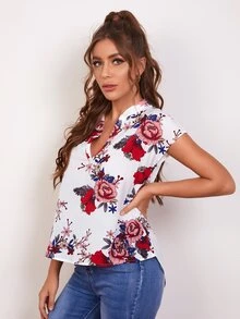 SHEIN Notched Neck Curved Hem Floral Print Top - White - View 4