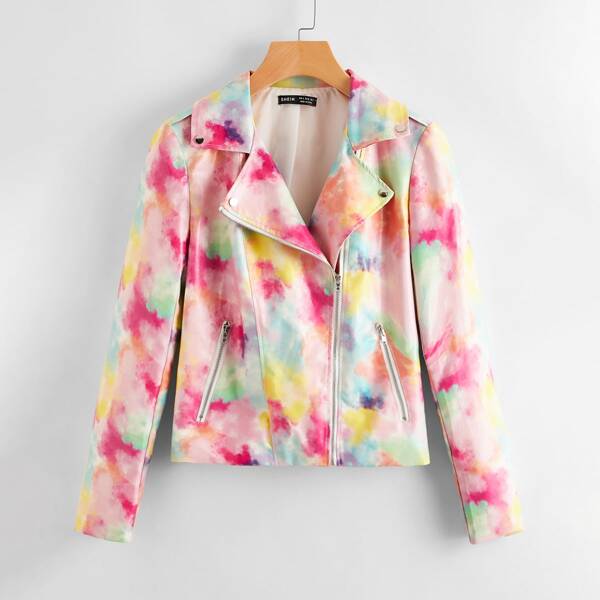 

Tie Dye PU Leather Moto Jacket, Multicolor