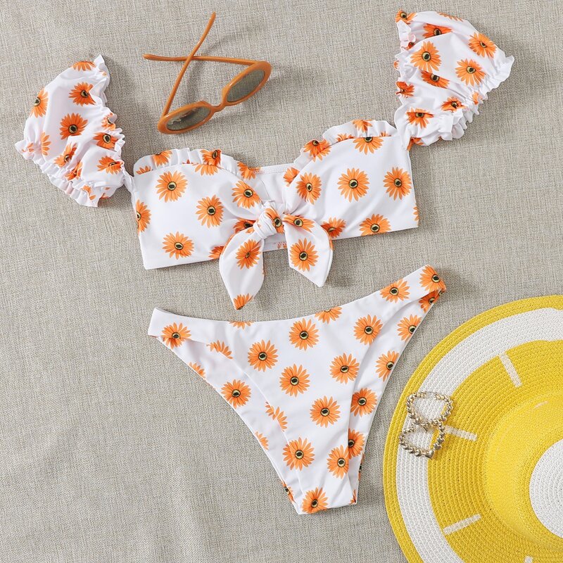 

Daisy Floral Frill Trim Knot Front Bikini Swimsuit, Multicolor