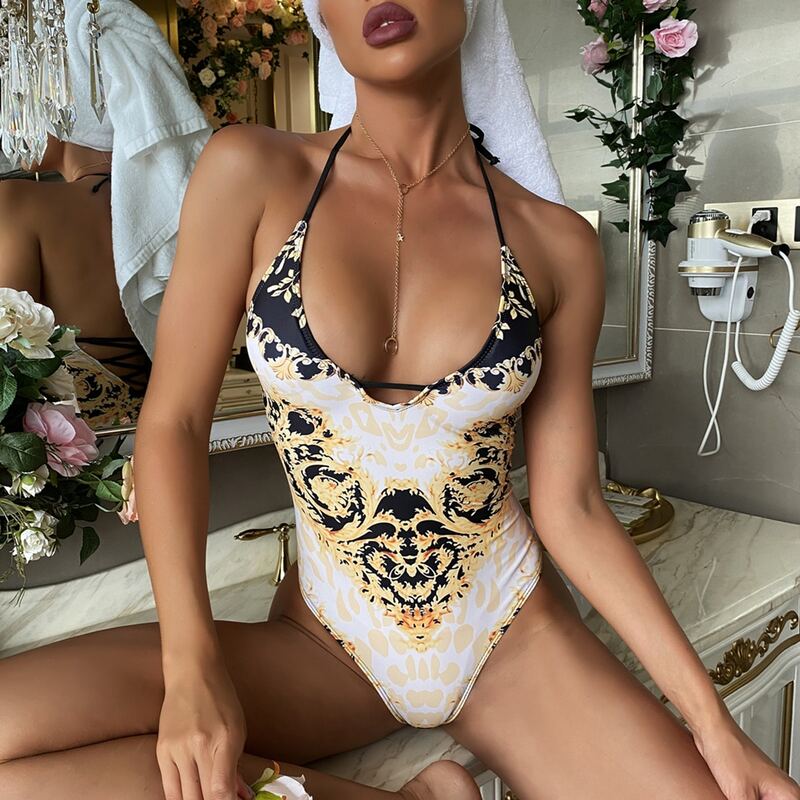 

Baroque Lace-up Back Halter One Piece Swimsuit, Multicolor