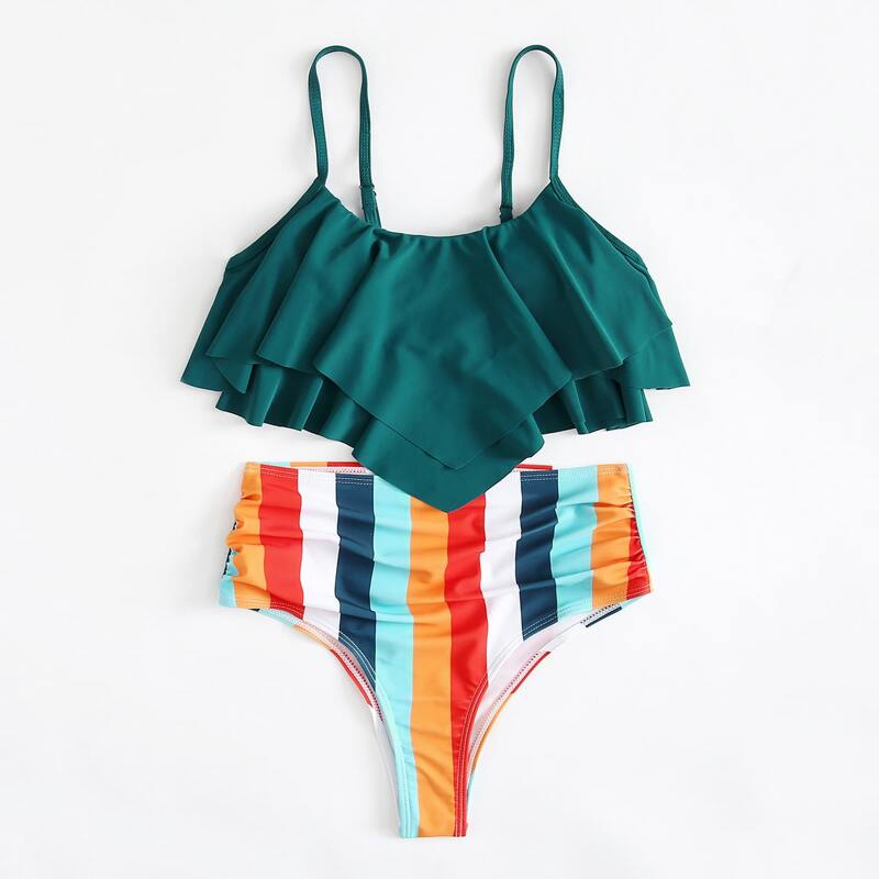 

Colorful Striped Hanky Hem Ruched Bikini Swimsuit, Multicolor