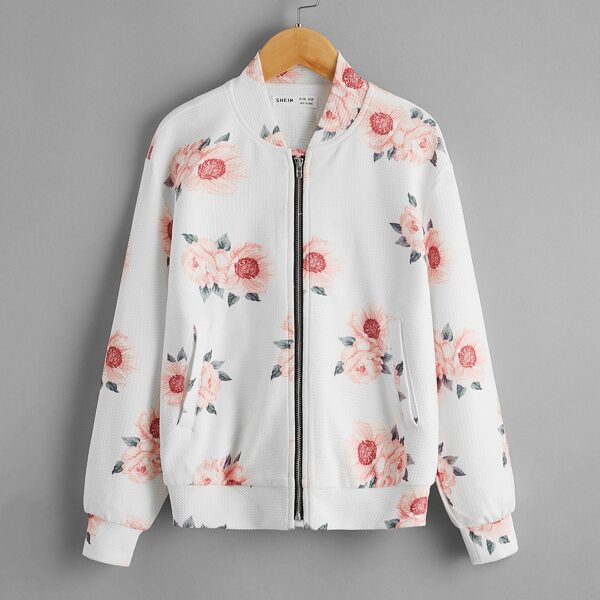 

Girls Zip Up Floral Print Bomber Jacket, White