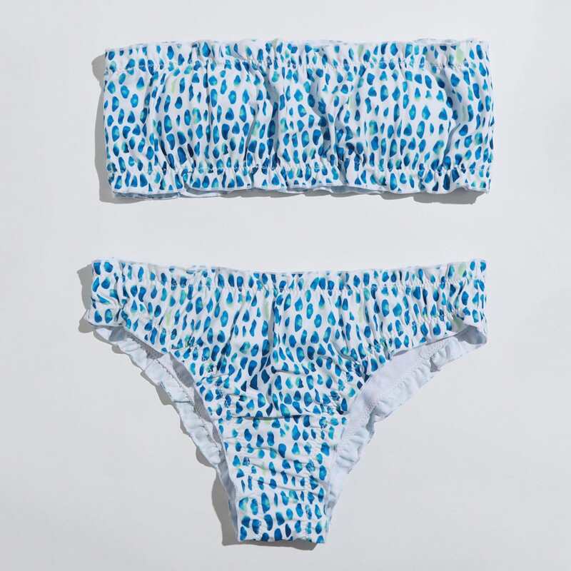 

Allover Graphic Frill Trim Bandeau Bikini Swimsuit, Blue and white