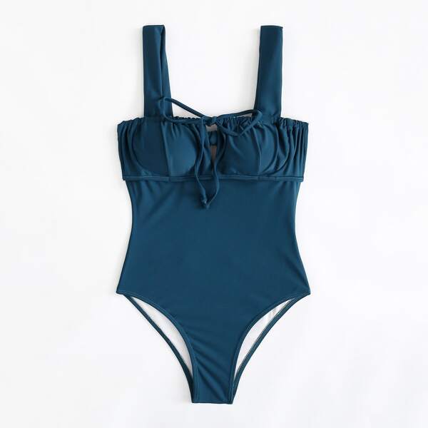 

Drawstring Knot Ruched One Piece Swimsuit, Teal blue