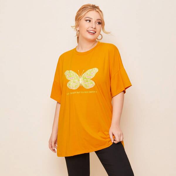 

Plus Drop Shoulder Slogan and Butterfly Print Top, Mustard yellow