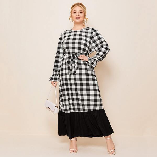 

Plus Flounce Sleeve Contrast Hem Self Belted Buffalo Plaid Dress, Black and white