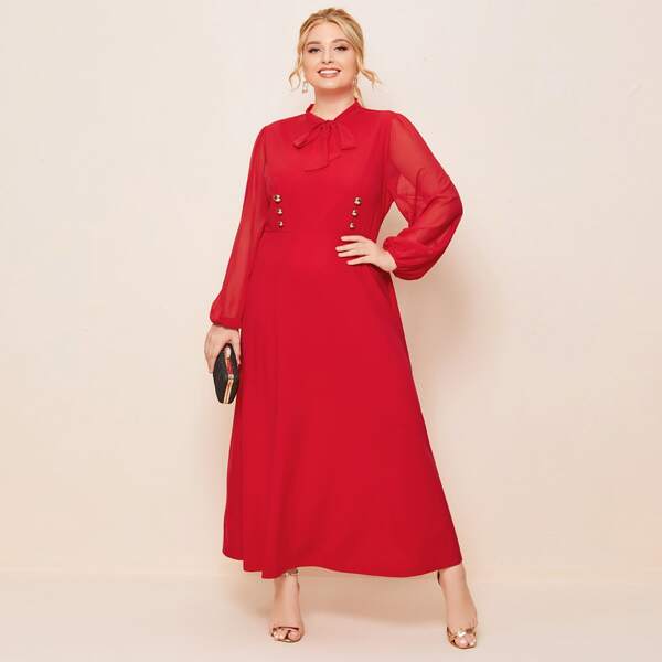 

Plus Tie Neck Double Gold Button Bishop Sleeve Dress, Red bright