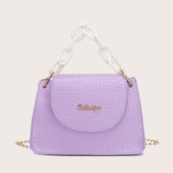 

Croc Embossed Flap Satchel Bag, Purple