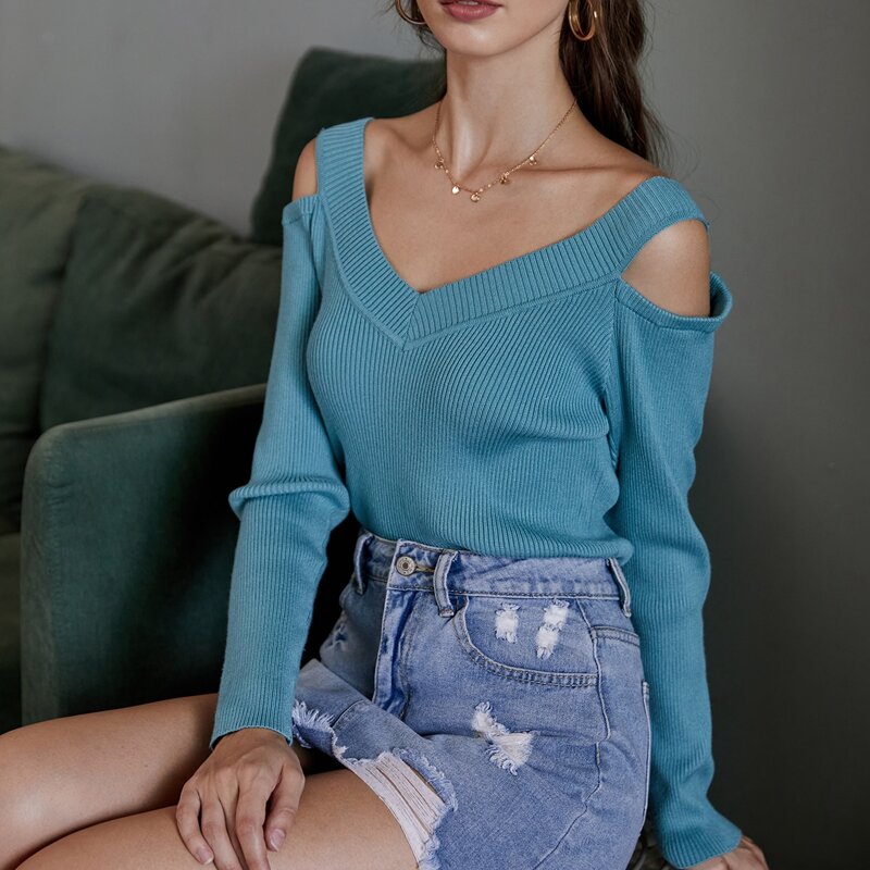 

Cold Shoulder Ribbed Knit Sweater, Cadet blue